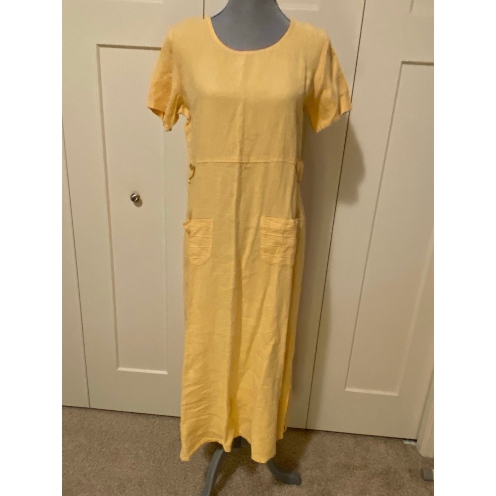 J Jill Linen Dress Maxi Butter Yellow USA Shortsleeve Tunic Small Petite R1